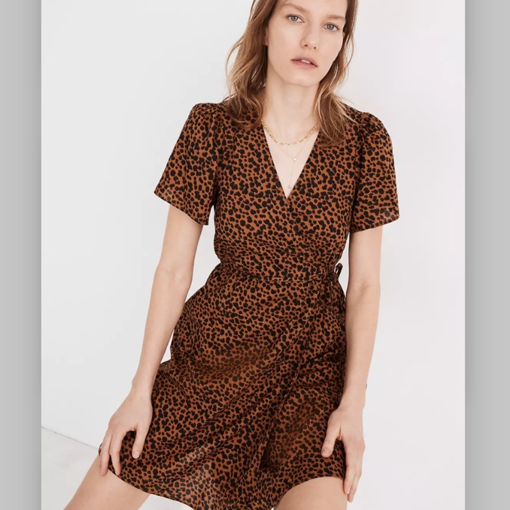 Madewell Flutter-Sleeve Wrap Mini Dress in Painted Leopard